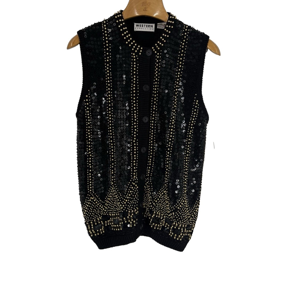 Western Connection Womens Beaded Sweater L Black Vest Cotton Ramie Holiday